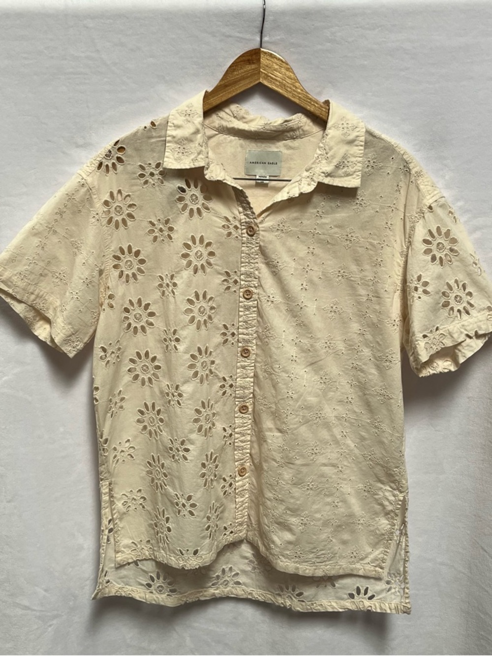 American Eagle Embroidered Cream Eyelet Short-Sleeve Button-Up Shirt